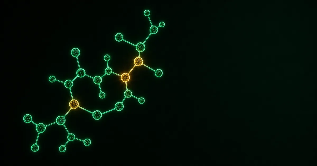Abstract visualisation of interlinked amino acid molecular chains and a peptide backbone, glowing emerald and gold on a deep dark background