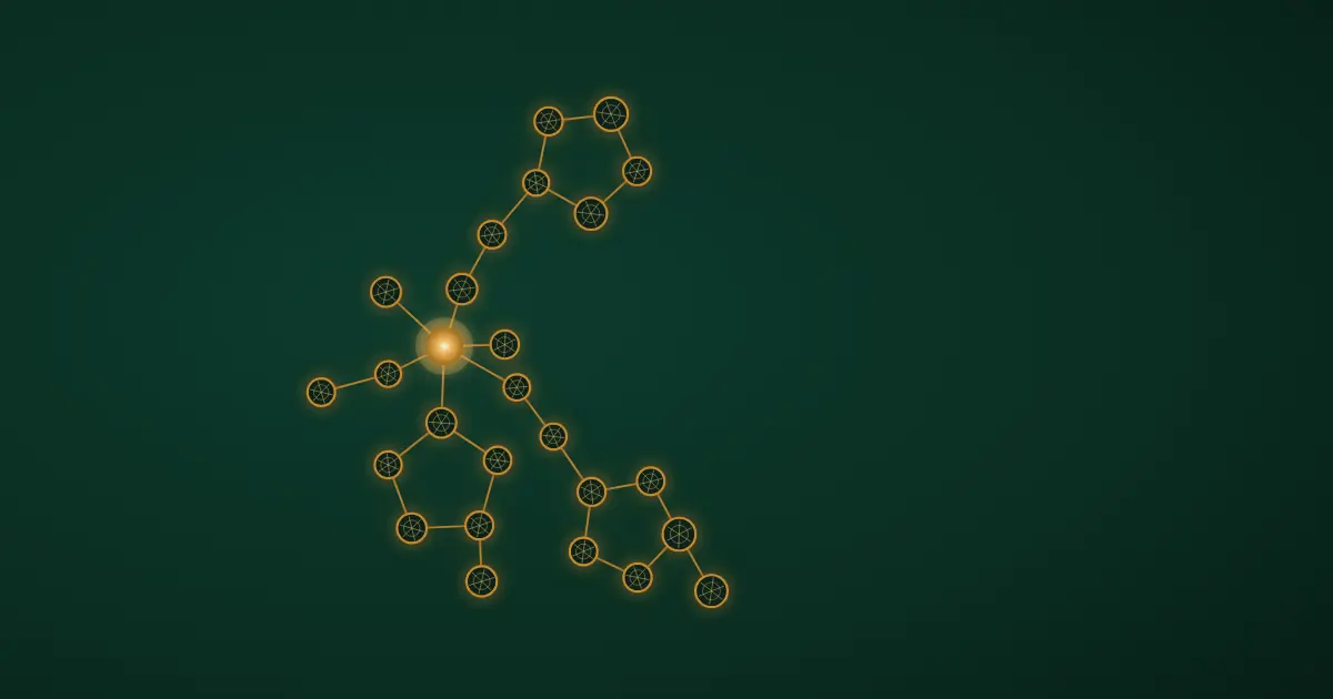 Abstract wireframe visualisation — three branching chains of linked nodes extending from one bright central node, each chain closing into a ring, glowing gold on a deep emerald background
