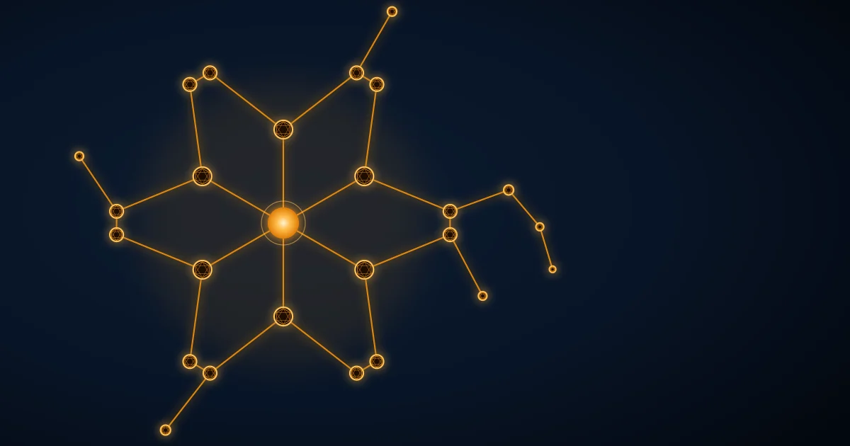 Abstract wireframe visualisation of a magnesium ion in octahedral coordination with six surrounding ligands, glowing emerald and gold on a deep dark background
