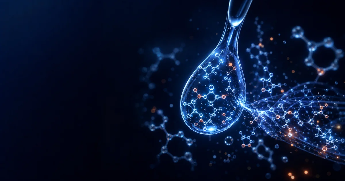 Abstract visualisation of an intravenous micronutrient infusion with glowing vitamin and mineral molecules on a deep dark background