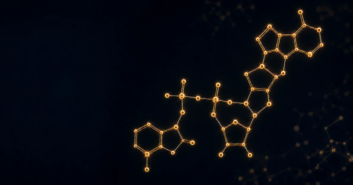 Abstract visualisation of the NAD+ coenzyme molecular structure with glowing amber highlights on a deep navy background