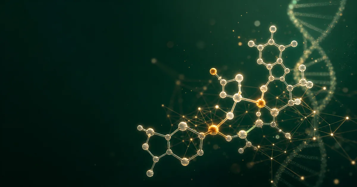 Abstract molecular visualisation of NAD+ coenzyme structure on a deep emerald background