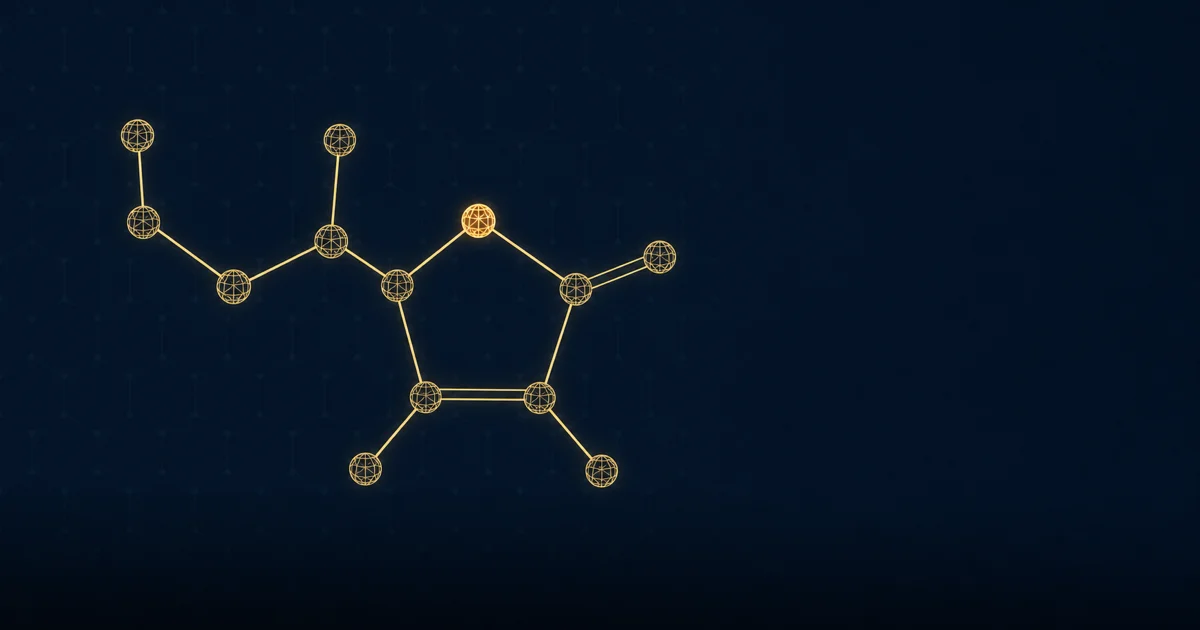 Abstract visualisation of ascorbic acid molecular structure with glowing amber highlights on a deep navy background