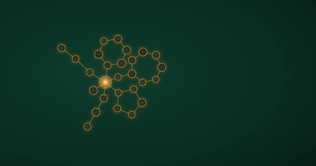 Abstract wireframe visualisation of a secosteroid skeleton — fused rings and a long side chain radiating from a single bright node, glowing amber on a deep navy background